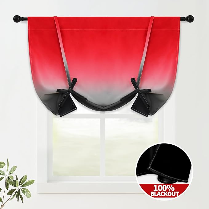 COSVIYA 100% Blackout Red and Black Adjustable Tie Up Curtains - Image 2