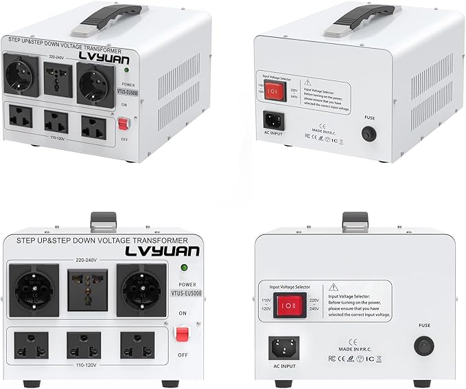 LVYUAN Heavy Duty 5000W Watt Voltage Transformer Converter Step Up/Down Converter 110/120 Volt - 220/240 Volt with 3 US,2 European,1 Universal Outlets and CE Certified,Circuit Break Protection