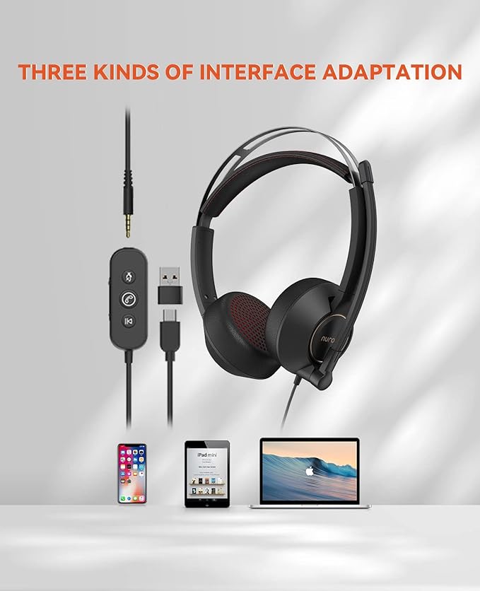 NUROUM HP11DU Wired Headset, Dual-Ear (Stereo) Headphones with Noise Canceling Microphone, On Ear Computer Headset with in-line Control, USB/Type-C, PC Headset for Home Office Online Class Skype Zoom