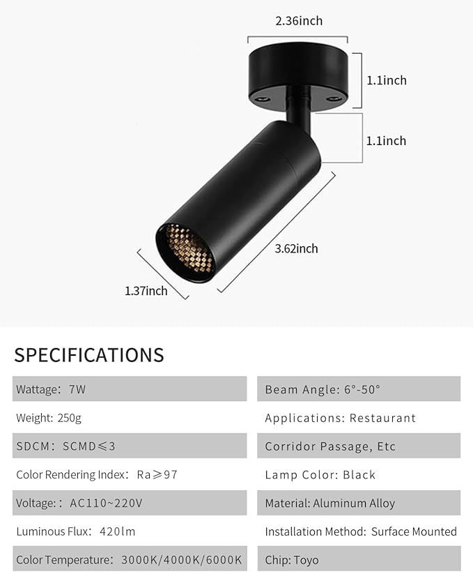 Gpaillumic Led Modern Directional Spotlight, Zoomable Monopoint Ceiling Spot Light for Indoor Cafeteria Foyer Living Room Warm White