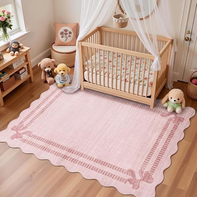 Latte&Fog Washable 3x5 Entryway Rugs Pink Scalloped Cute Bow Area Rug | - Image 5