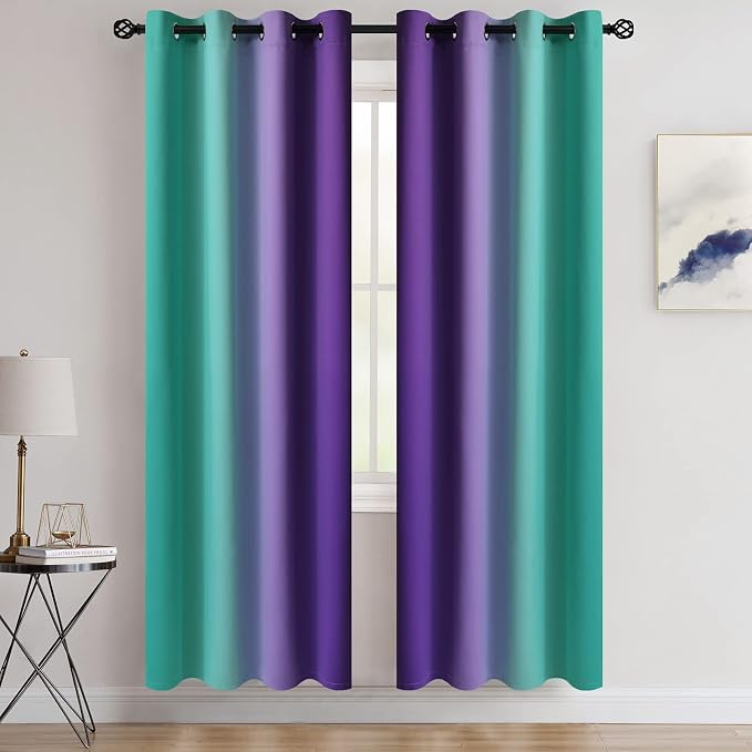 COSVIYA Grommet Room Darkening Ombre Teal and Purple Curtains W52xL72 inch | - Image 2