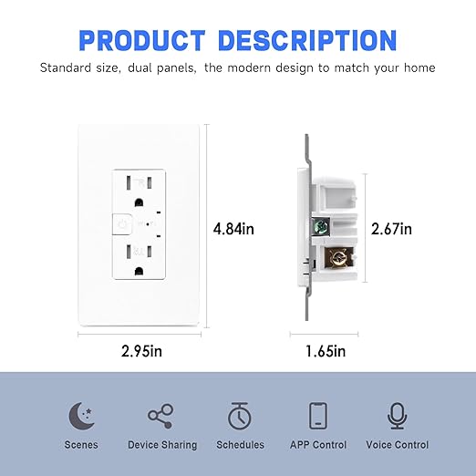 Smart in-Wall Outlet, Matter Smart Socket,15A Smart Charger, Voice Control Compatible with Apple Home, Alexa, Google Home, SmartThings, APP Remote, 2 Individually Controlled Outlets, White, 4Pack