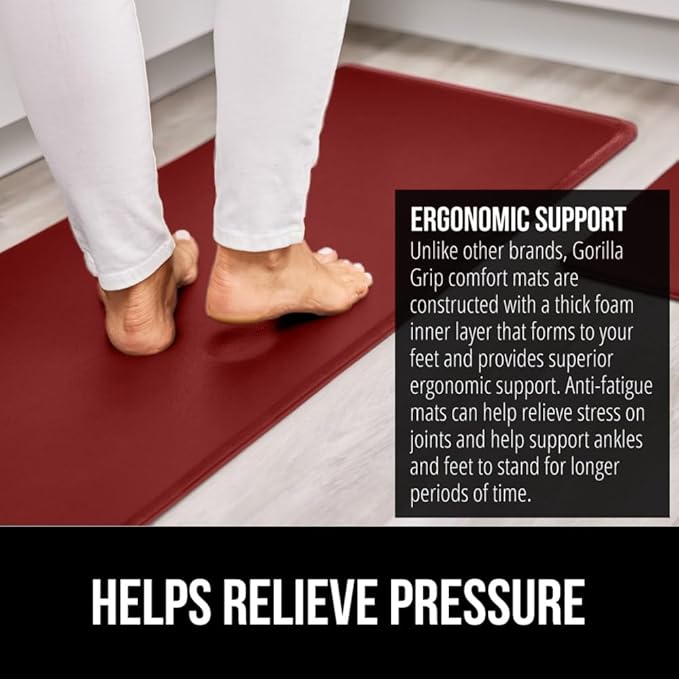 GORILLA GRIP 2 Pack Comfortable Cushioned Kitchen Mats for Floor, 17x24 + 17x48, Waterproof and Stain Resistant, 1/2 Inch Thick Soft Ergonomic Standing Desk Anti Fatigue Mat, Foam Supports Feet, Red