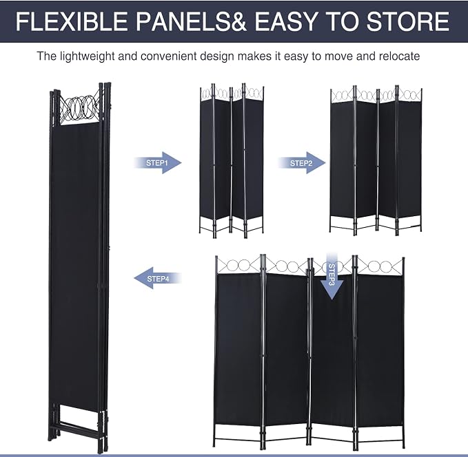 Room Divider 4 Panels 6FT Room Divider Black Privacy Panel Screens | Wall - Image 6