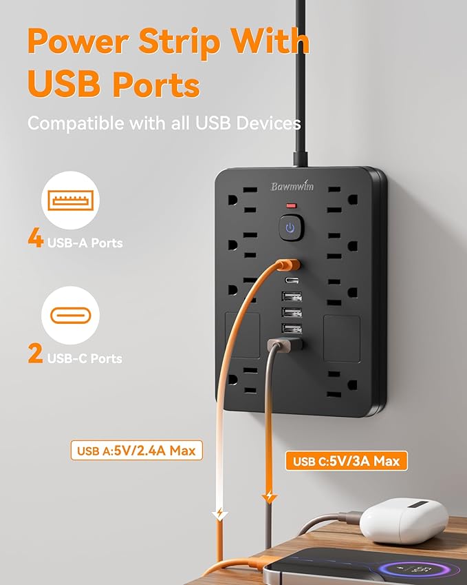 Bawmwim Surge Protector Power Strip - 8 Outlets(1850W/15A) with 6 USB Ports（2 USB C, 10FT Flat Plug Extension Cord, Wall Mount Multi Plug Outlet Extender, ETL Listed for Home, Dorm Room, Black