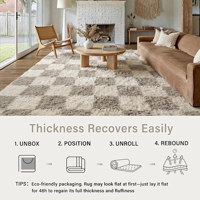 Grey 9x12 Area Rug for Living Room Soft Checkered Shag Carpet | Machine Washable - Image 4