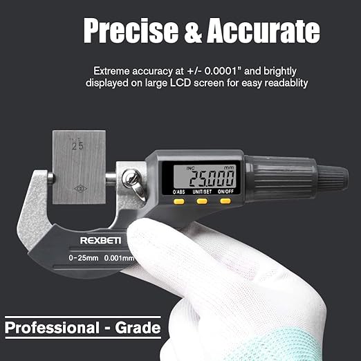 REXBETI Digital Micrometer, Professional Inch/Metric Measuring Tools 0.00005"/0.001 mm Resolution Thickness Gauge, Protective Case with Extra Battery