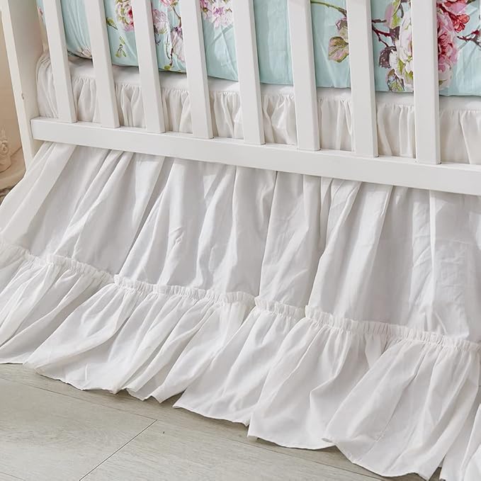Brandream Crib Bed Skirt for Baby Girls Boys White Boho Bohemian Solid Cotton Toddler Bedskirt Farmhouse Chic Ruffle