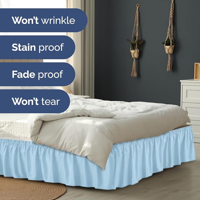 Wrap Around Dust Ruffle Bed Skirt - Light Blue - for Full Size Beds with 18 Inch Drop - Elastic Strap - Adjustable Pleated Bedskirt with Brushed Fabric and Wrinkle Free - for Women, Men, Kids & Teens