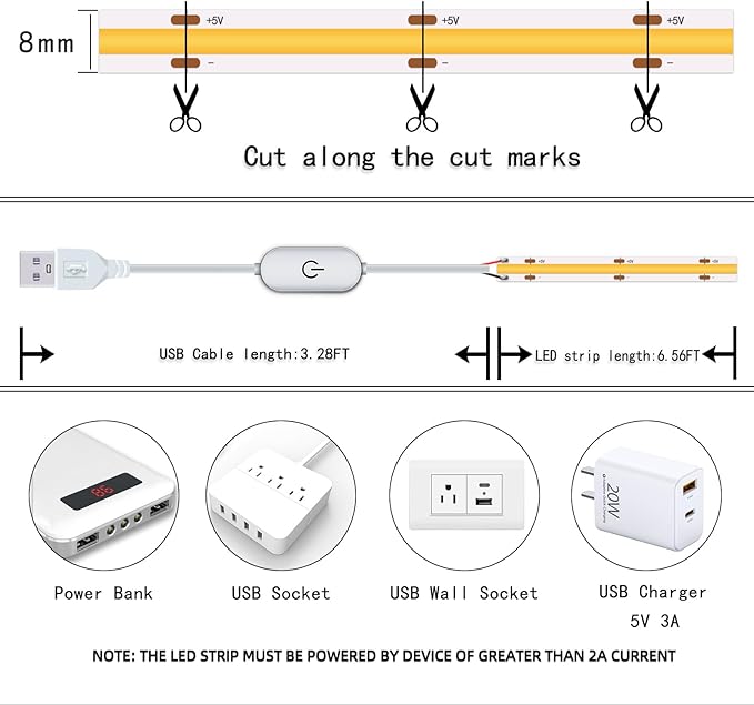 UVTaoYuan Led Strip Lights 5V USB 6.56ft/2m 640 LEDs Touch stepless Dimmable COB LED Strip Light 3000K Warm White 10W Flexible led Lights for Bedroom Kitchen, DIY Lighting Room Decor 5V LED TV Lights