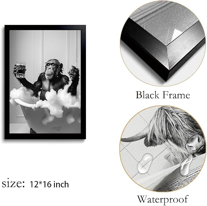 OIQArtOIQ Funny Bathroom Framed Wall Art Black and White Animal Canvas Wall Art - Image 7