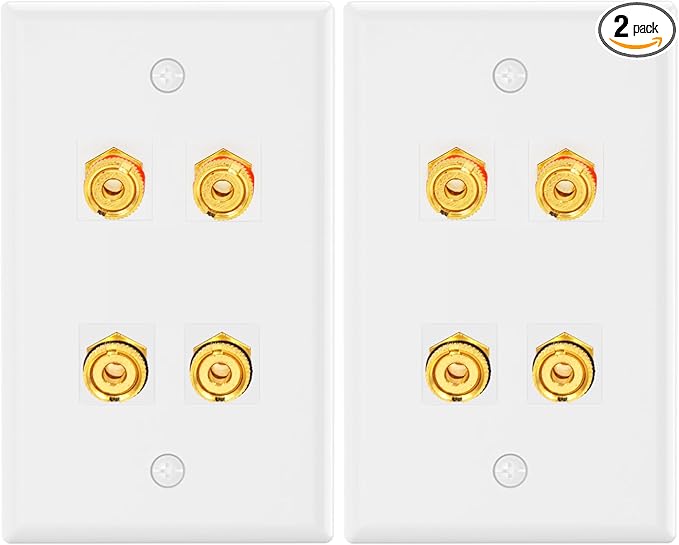 VCE UL-Listed Speaker Wall Plate Gold-Plated, 4-Port Keystone Wall Plate with Banana Jack Binding Post Keystone Jack Insert, 2 Pack