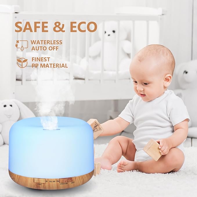 Oil Diffuser, 500ml Essential Oil Diffusers with 2 Mist Mode 4 Timers＆7 Ambient Light Waterless Auto Off, Diffusers Large Room Home Office