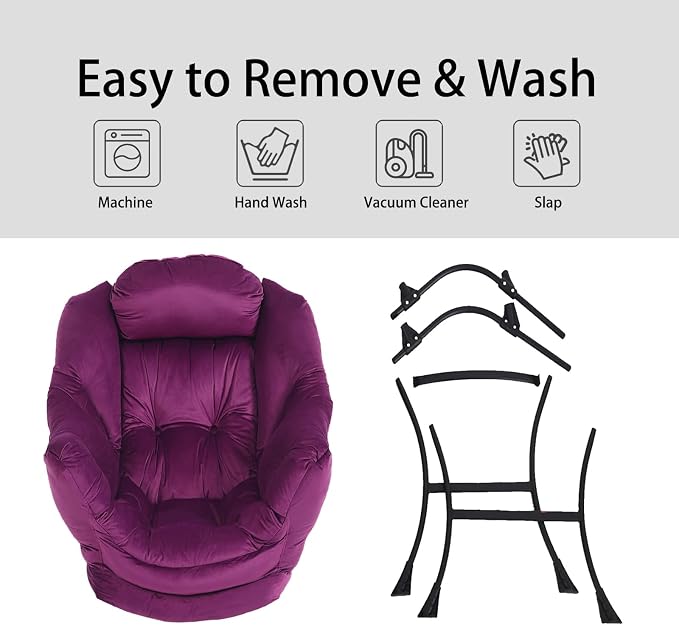 Lazy Chair with Ottoman, Comfy Accent Reading Chair, Velvet Purple | Foldable - Image 5