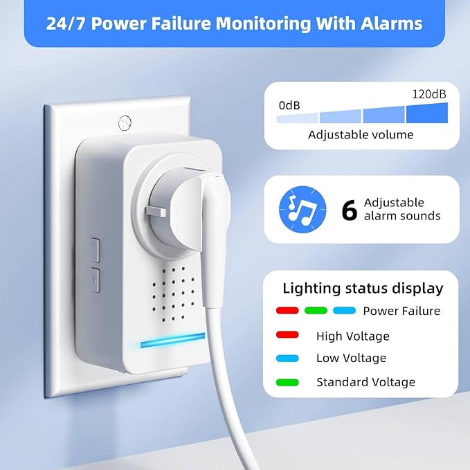 Power Failure Alarm, Upgrade Loud 120dB Adjustable 6 Siren Power Outage Alarm for Freezer 12H Alert & HV/LV Alert for Freezer,Fridge, Basement,Garage