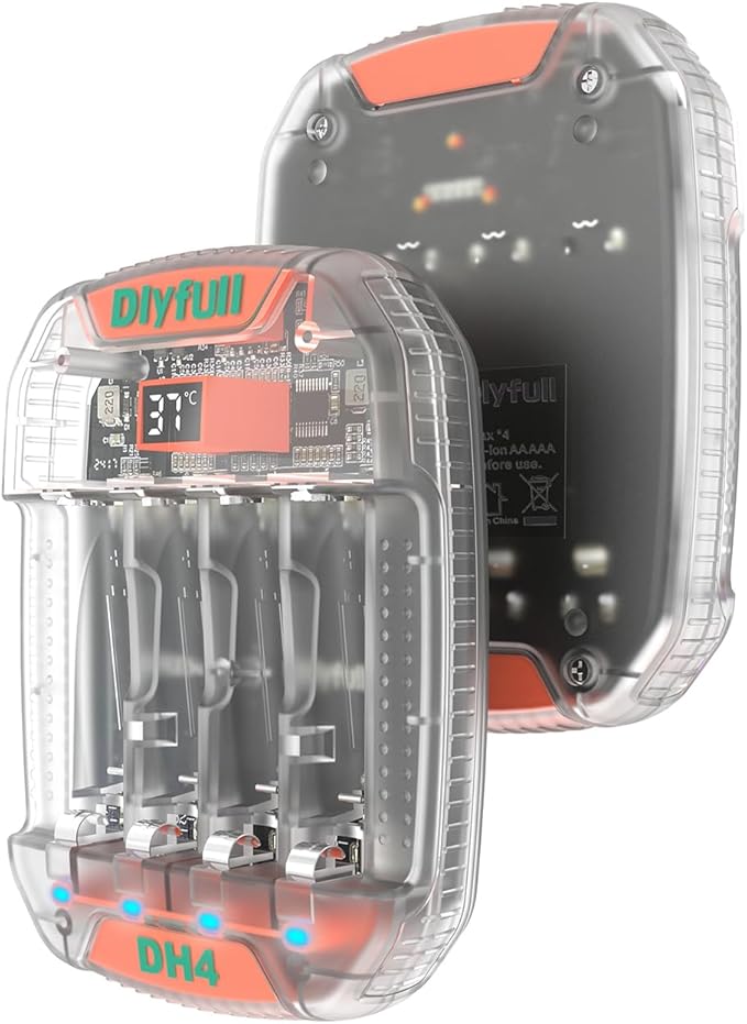 Dlyfull 4 Bay AA AAA Battery Charger with Temperature Monitoring, Independent Slots for 1.5V Lithium & 1.2V NiMH NiCd Rechargeable Batteries, Cable Included