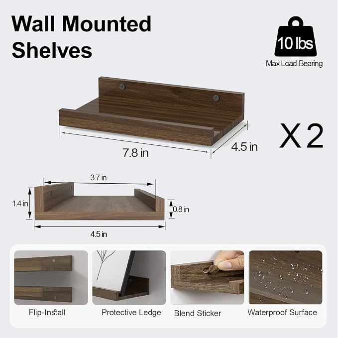 Small Walnut Floating Shelves for Wall, 8 in Shelf - Image 3