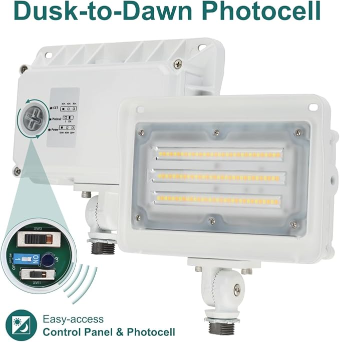 kadision LED Flood Light 50W/40W/30W, 3CCT 3000K/4000K/5000K Selectable, Dusk-to-Dawn Photocell, IP65 Waterproof Adjustable Knuckle Mount Security Lights, 100-277V ETL Listed, White 4 Pack