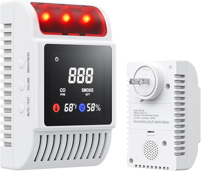Nicbee 5-in-1 Smoke and Carbon Monoxide Detectors Plug in, Smoke Detector with Battery Backup Slot, Adjustable Brightness & Volume Levels, Smoke Alarm with Temp/Humidity for Home, RV, Travel(1-Pack)