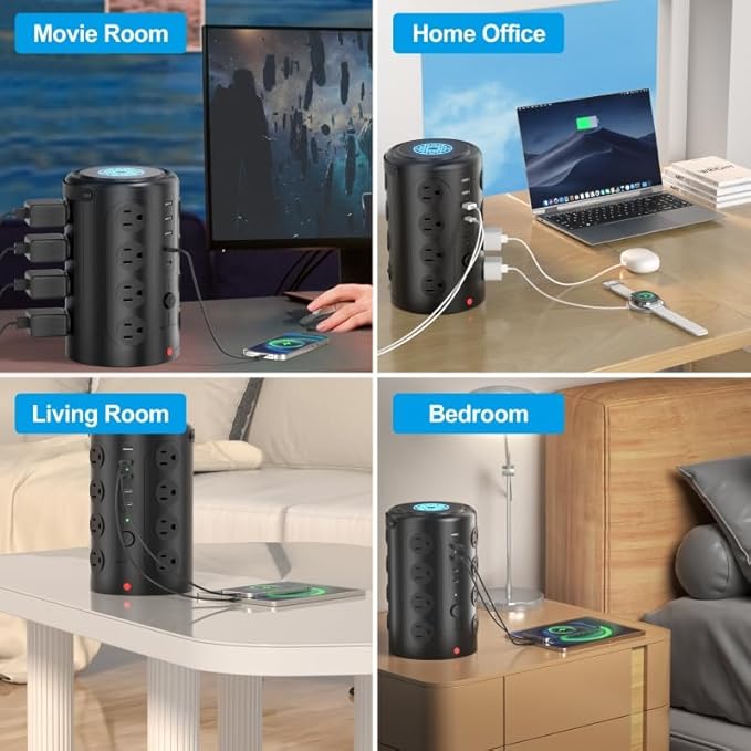 Power Strip Tower Surge Protector with 16 Outlets and 5 USB Ports (2 USB-C), 15FT Extension Cord with Multiple Outlets,Heavy Duty Charging Station,Home Office Dorm Room Essentials.