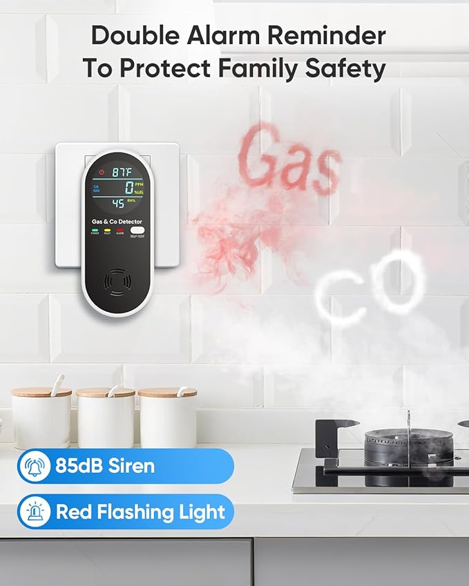 Vilfet Carbon Monoxide Detectors & Natural Gas Detector, 4-in-1 Carbon Monoxide Detectors Plug in, Gas Leak Detector with Dual Alarms, Temperature & Humidity Sensor for Home, RV, Black, 3 Packs