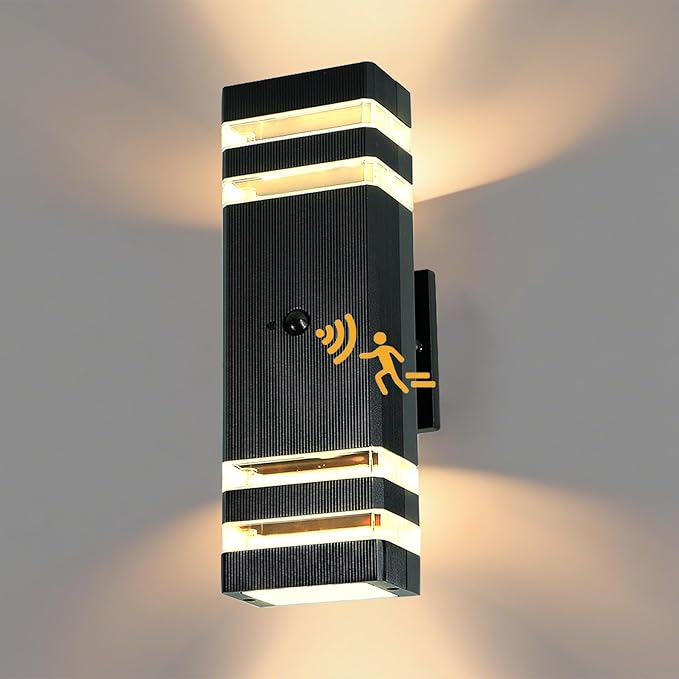 iYogaled Motion Sensor Outdoor Wall Lights with 3 Lighting Modes, Dusk to Dawn Porch Light with Bulbs Include, IP65 Waterproof Modern Black Wall Sconce for Patio, Garage, Front Door