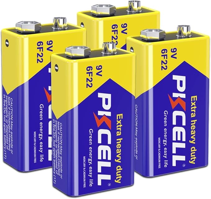 PKCELL 9V Batteries, 4 Pack 9 Volt Batteries Carbon Zinc, 9V Battery for Smoke Detector, Alarms, 6F22 Square Battery