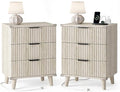 Wood Nightstands Set of 2 w/Charging Station, 3 Drawers Fluted Dresser | Grey by Lulive