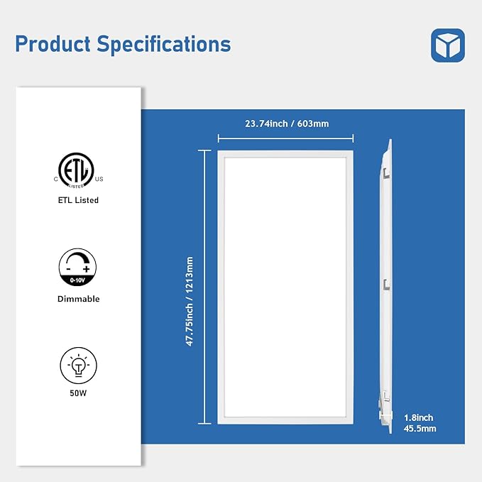 CycevSun 2x4 LED Flat Panel Light - Drop Ceiling 3000K 4000K 5000K Selectable & 30W 40W 50W Options, 0-10V Dimmable, 100-277V, ETL, 2 Pack