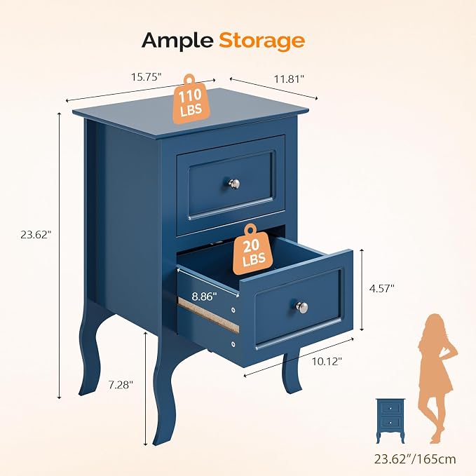 Bonnlo Blue Nightstand Set of 2, Kids Room, Living Room, 15.75" W x 11.8" D x - Image 2