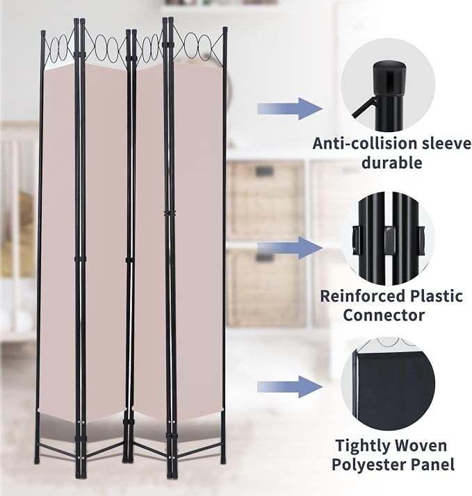 Room Divider 4 Panels 6FT Room Divider Tan Wall Divider - Image 4