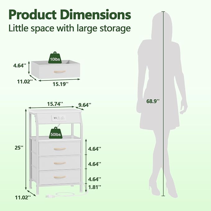 White Nightstand with Charging Station, 3 Drawers Bedside Table | 28.3 Inch - Image 3