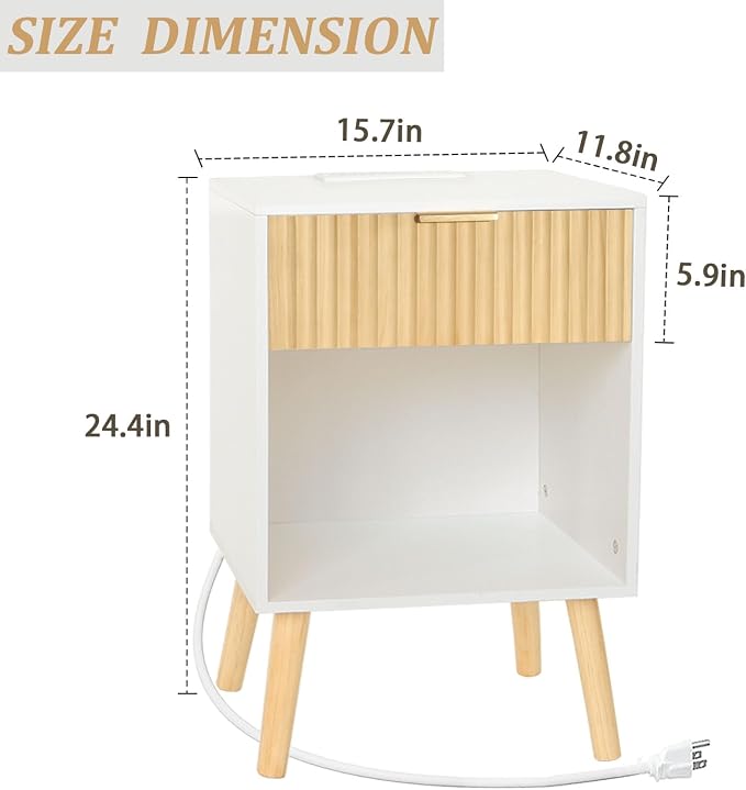 Fultyle Night Stand with Charger Station, Modern Wood Nightstand with Drawer - Image 2