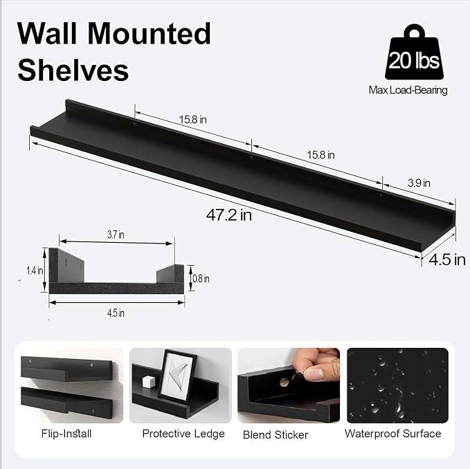 Black Floating Shelves for Wall Decor, 48 in Shelf - Image 3
