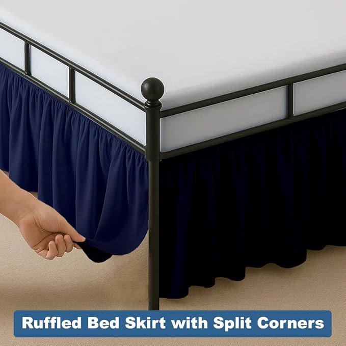 Ruffled Bed Skirt Split Corners with Platform, Tailored Fit Hotel Quality Wrinkle Free Ultra-Soft Microfiber Dust Ruffle, Upto 10 Inch Drop, King, Navy Blue