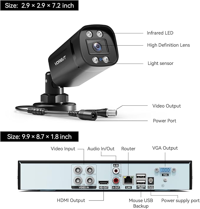 VORGUT Wired Security Camera System Outdoor, 4pcs Surveillance CCTV Bullet Cameras for Home Security, 4CH AHD TVI 5MP Lite DVR Recorder with 500G HDD, Motion Detection, Night Vision, Waterproof