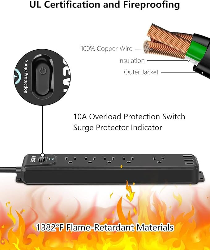 2 Pack Surge Protector Power Strip, 10FT Long Extension Cord with 5 Widely Spaced Outlets 3 USB Ports (1 USB C Port), Flat Overload Protection, 900 Joules, Wall Mount for Home Office Dorm, ETL Listed