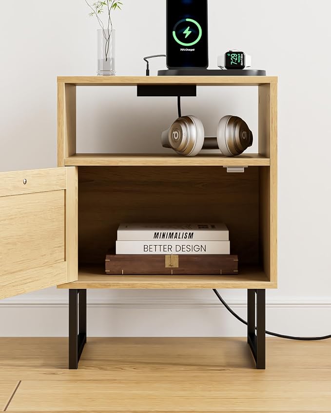 Masupu Rattan Nightstand with Charging Station, Modern Boho Farmhouse Wood - Image 6