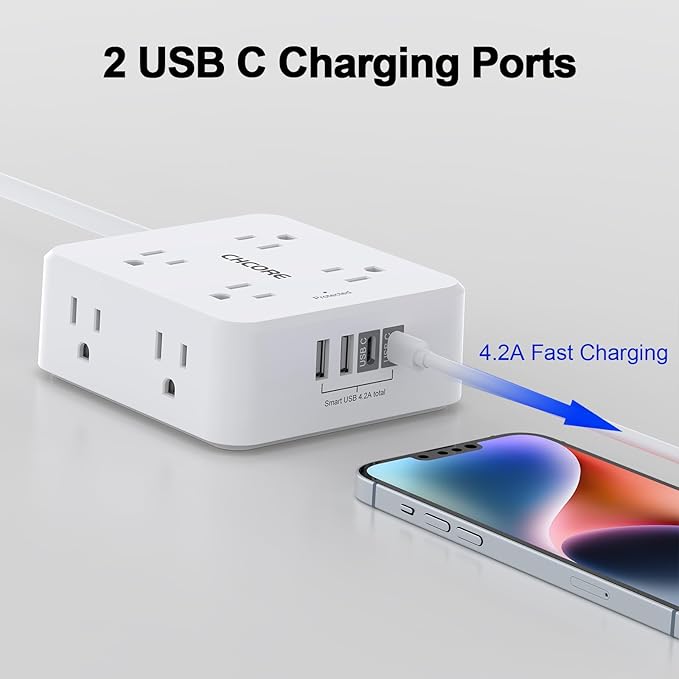 10Ft Surge Protector Power Strip - CHCORE Flat Plug Extension Cord with 8 Outlets and 4 USB Ports(2 USB C), 3 Side Wall Mount Outlet Extender for Home Dorm Room Essentials, ETL Listed, White