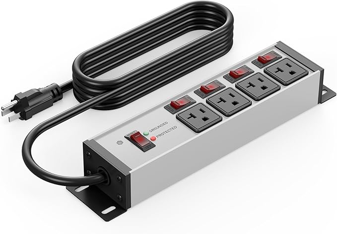 CCCEI Heavy Duty Surge Protector Power Strip 20 Amp Individual Switches. 15FT 12 Gauge Extension Cord with Multiple Outlets. Kitchen, Garage, Shop, Industrial Wall Mount Electric Extender, Grey.