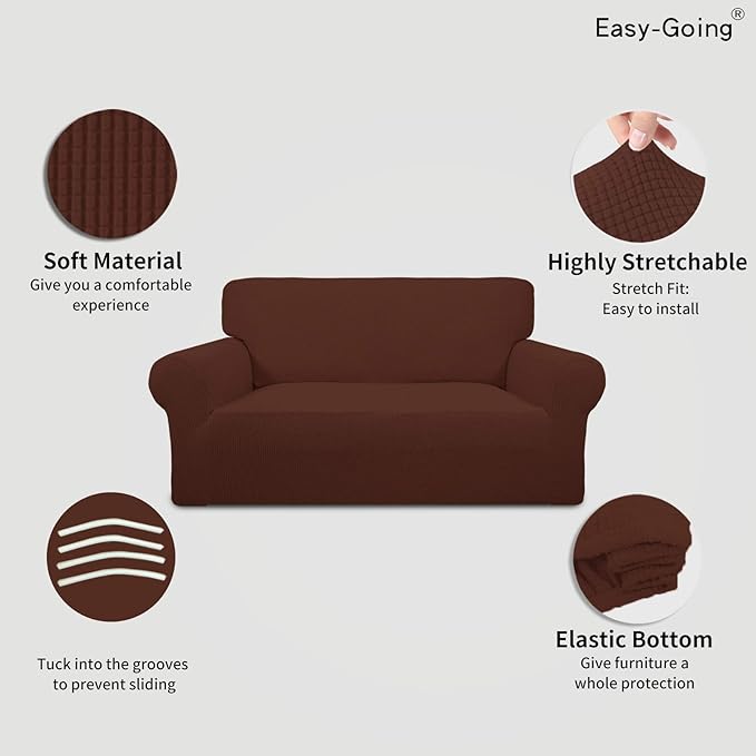 Easy-Going Stretch Loveseat Slipcover 1-Piece Sofa Cover Furniture Protector Couch Soft with Elastic Bottom for Kids Polyester Spandex Jacquard Fabric Small Checks (Loveseat, Coffee)