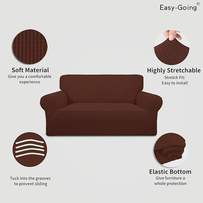 Easy-Going Stretch Loveseat Slipcover 1-Piece Sofa Cover Furniture Protector Couch Soft with Elastic Bottom for Kids Polyester Spandex Jacquard Fabric Small Checks (Loveseat, Coffee)