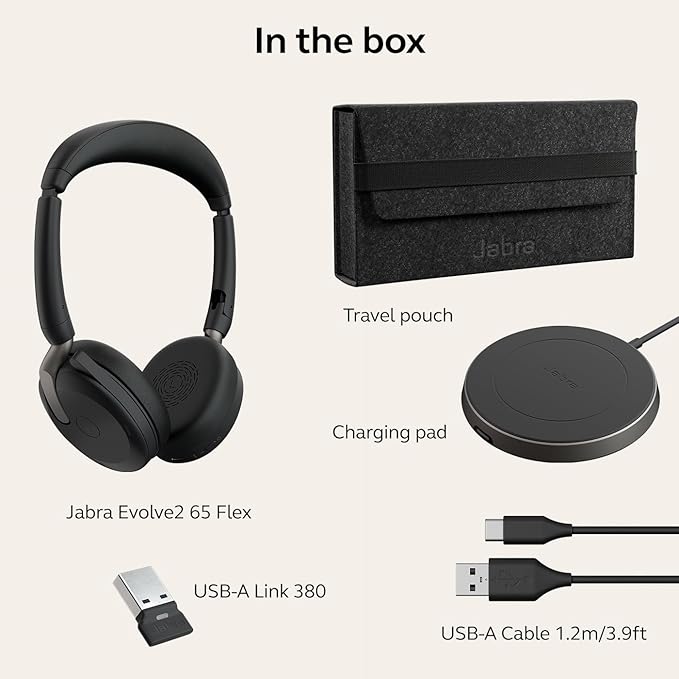 Jabra Evolve2 65 Flex Stereo Headset with Bluetooth, Wireless Charging Pad - Noise-Cancelling ClearVoice Technology & Hybrid Active Noise Cancellation - Works with Leading UC Platforms - Black