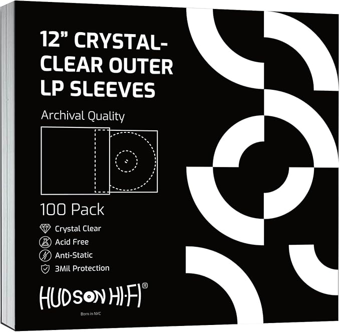 Hudson Hi-Fi Vinyl Record Outer Sleeves Covers - Premium Clear Vinyl Record Sleeve 100-Pack - Protect Your LP Albums from Scratches, Dirt & Dust - 3mm Thick No-Acid Exterior Disc Cover
