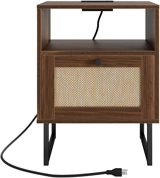 Masupu Rattan Nightstand with Charging Station, Modern Boho Farmhouse Wood - Image 9