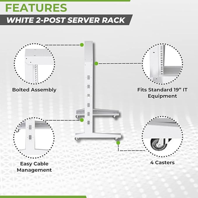 NavePoint 22U 2 Post Rack Open Frame Server Rack for 19 Inch Equipment, AV, Networking, Data & IT Devices, 2-Post Rack 22U with Wheels, 661lbs Weight Capacity, White