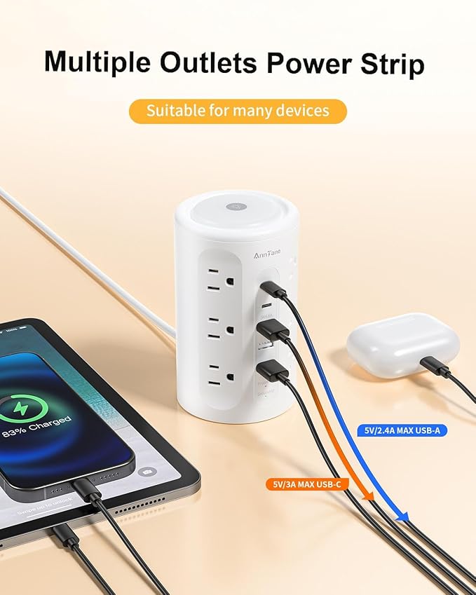 AnnTane Power Strip Tower with Night Light, 15W Surge Protector Power Strip with USB Ports, 10 FT Extension Cord with Multiple Outlets (12AC+3A+2C) for Home Office Desk DormRoom (White)