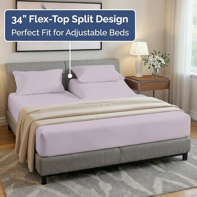 Split Head King Sheet Set – 4 Piece Flex Split Top King Sheets for Adjustable Beds - Fits 14” to 16" Mattress w/ Deep Pockets - Breathable & Cooling - Luxury Bedding and Wrinkle Free - Light Lavender