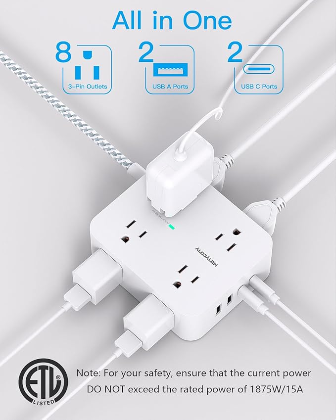 HANYCONY Surge Protector Power Strip, 5 Ft Braided Extension Cord | 8 Outlets 4 - Image 2